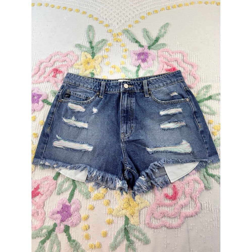 Kancan Distressed Cutoff Denim Shorts Rainbow Detail Women's Size‎ L